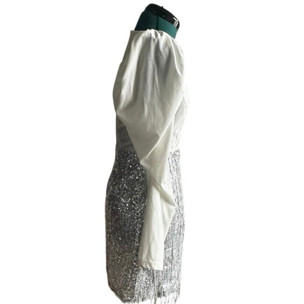 Double Crazy White Velvet Silver Sequin Fringe Mini Dress Women’s Size S - Picture 5 of 11